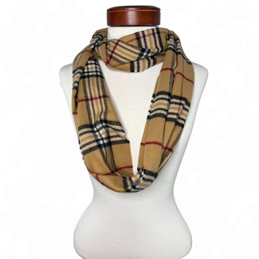 Cashmink Beige Tan Plaid Infinity Scarf Camel Checkered‎ Classic Cozy Preppy